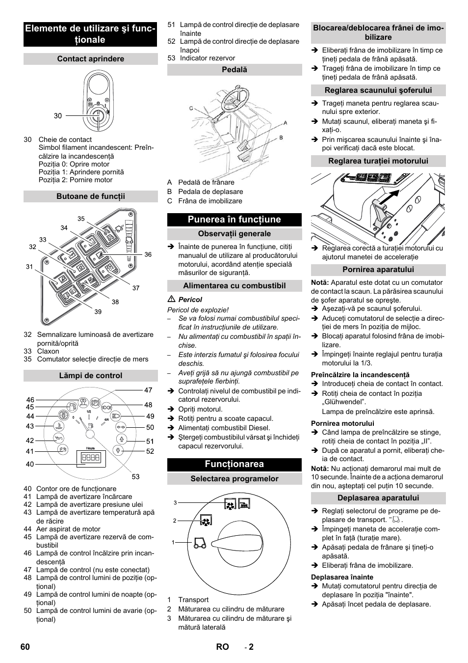 Elemente de utilizare şi func- ţionale, Punerea în funcţiune, Funcţionarea | Karcher KM 130-300 D User Manual | Page 60 / 96