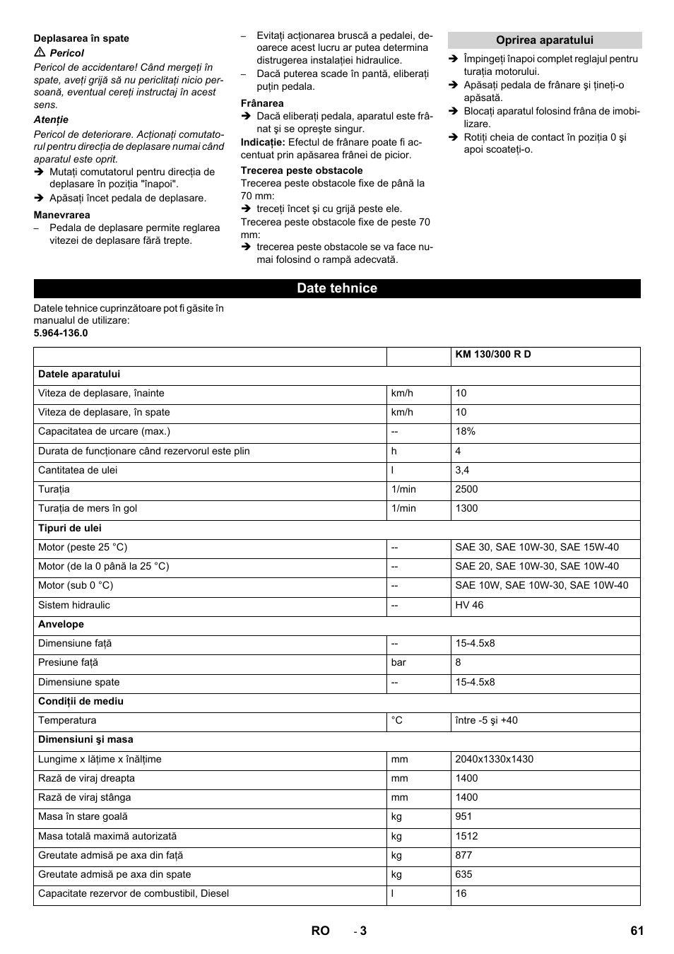 Date tehnice | Karcher KM 130-300 D User Manual | Page 61 / 96