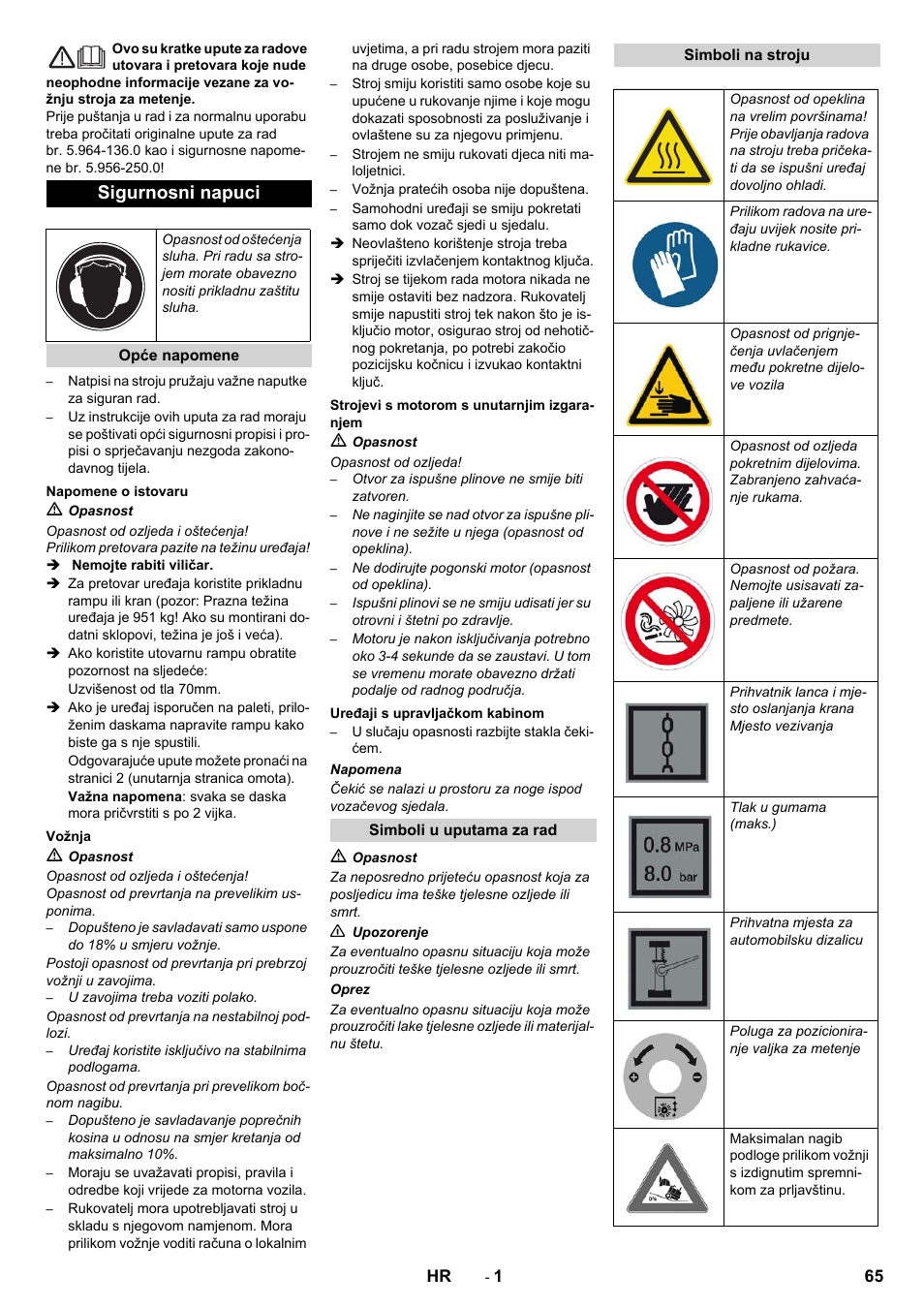 Hrvatski, Sigurnosni napuci | Karcher KM 130-300 D User Manual | Page 65 / 96