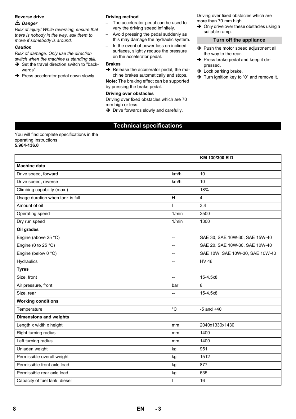 Technical specifications | Karcher KM 130-300 D User Manual | Page 8 / 96