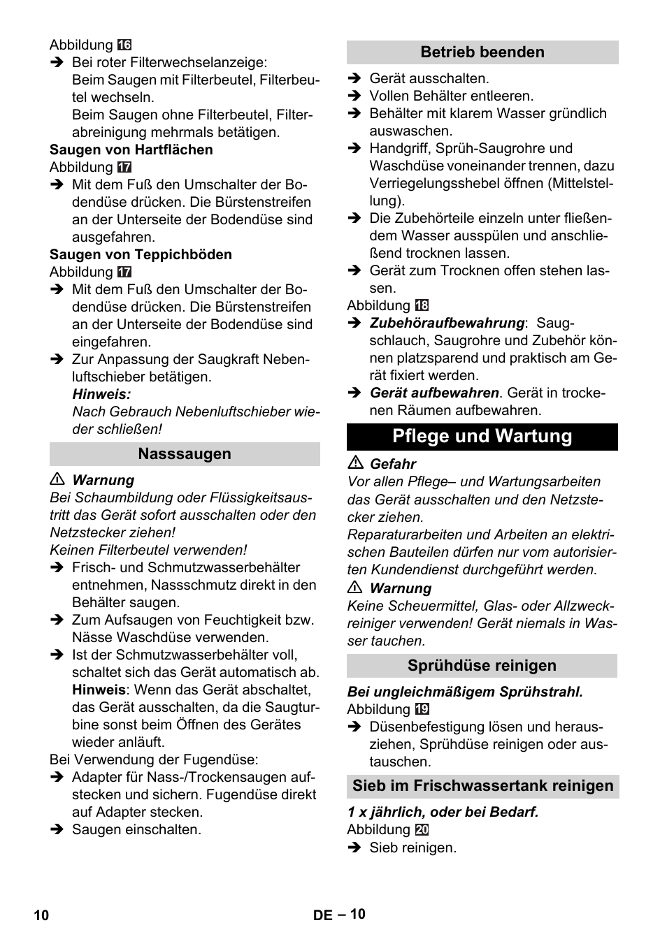 Nasssaugen, Betrieb beenden, Pflege und wartung | Sprühdüse reinigen, Sieb im frischwassertank reinigen | Karcher Aspiratori SE 5-100 EU User Manual | Page 10 / 214