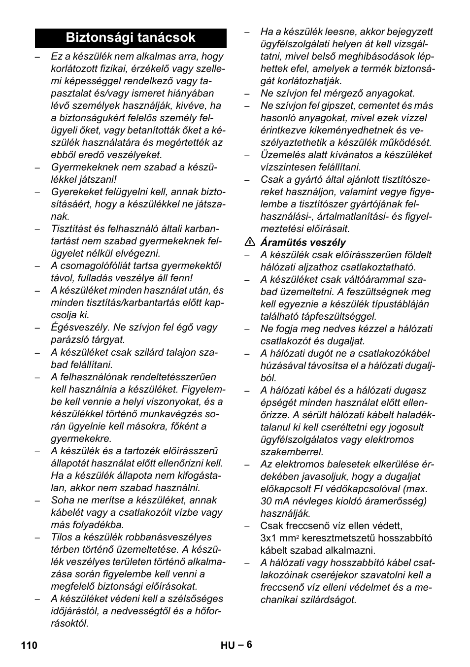 Biztonsági tanácsok | Karcher Aspiratori SE 5-100 EU User Manual | Page 110 / 214