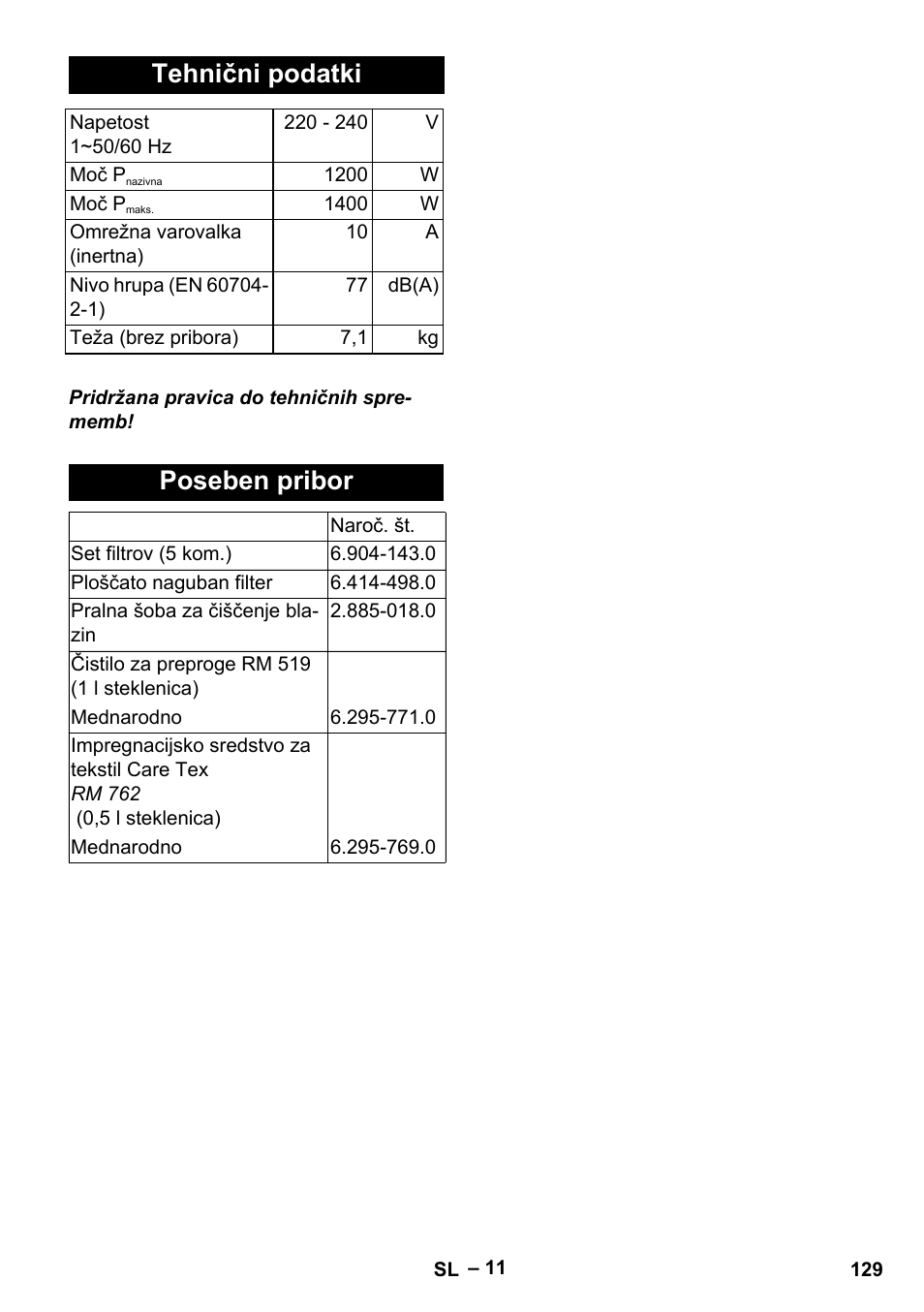 Tehnični podatki, Poseben pribor | Karcher Aspiratori SE 5-100 EU User Manual | Page 129 / 214