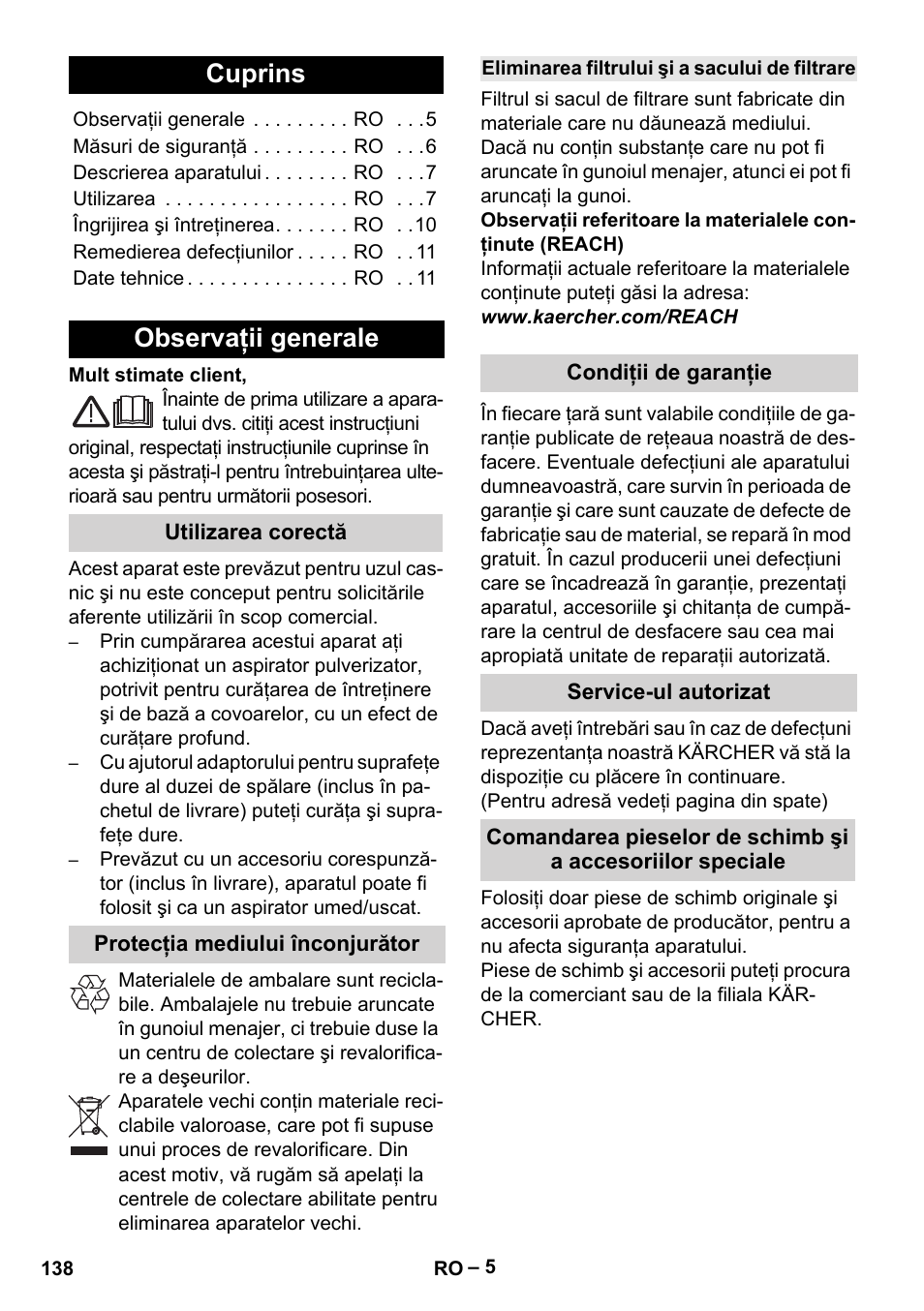 Româneşte, Cuprins, Observaţii generale | Utilizarea corectă, Protecţia mediului înconjurător, Eliminarea filtrului şi a sacului de filtrare, Condiţii de garanţie, Service-ul autorizat | Karcher Aspiratori SE 5-100 EU User Manual | Page 138 / 214