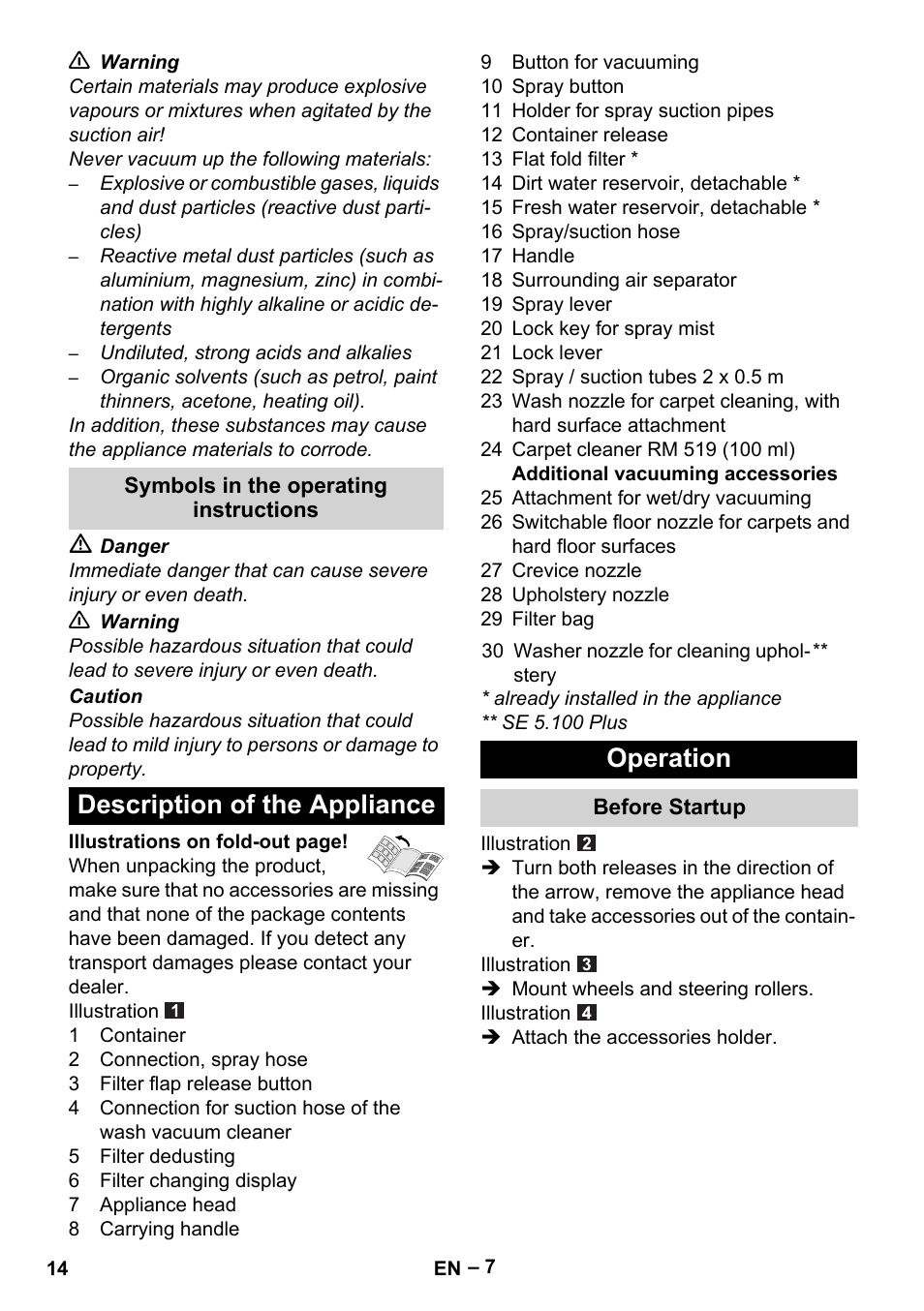 Symbols in the operating instructions, Description of the appliance, Operation | Before startup | Karcher Aspiratori SE 5-100 EU User Manual | Page 14 / 214