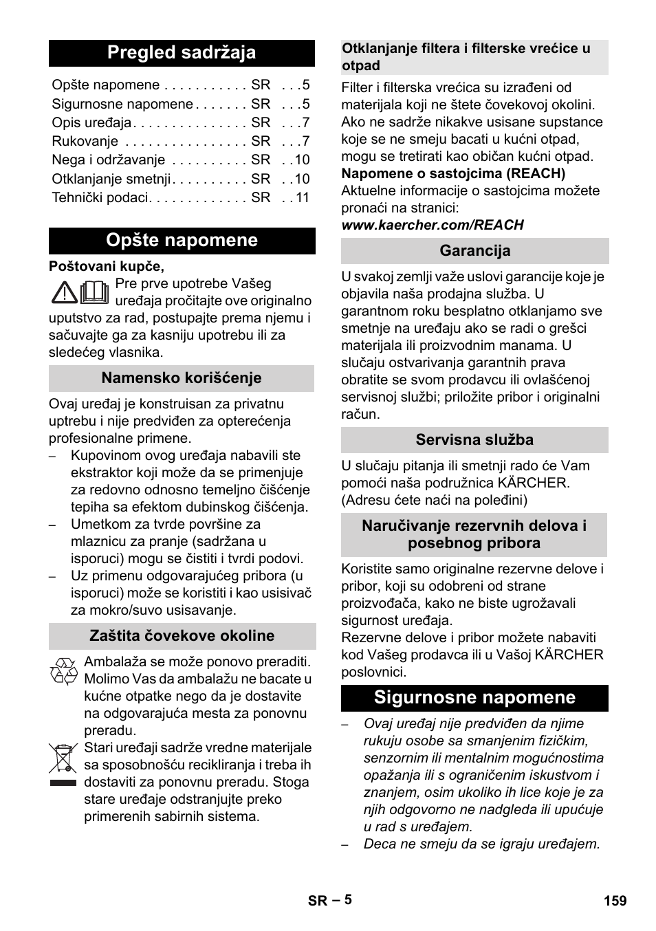 Srpski, Pregled sadržaja, Opšte napomene | Namensko korišćenje, Zaštita čovekove okoline, Otklanjanje filtera i filterske vrećice u otpad, Garancija, Servisna služba, Naručivanje rezervnih delova i posebnog pribora, Sigurnosne napomene | Karcher Aspiratori SE 5-100 EU User Manual | Page 159 / 214
