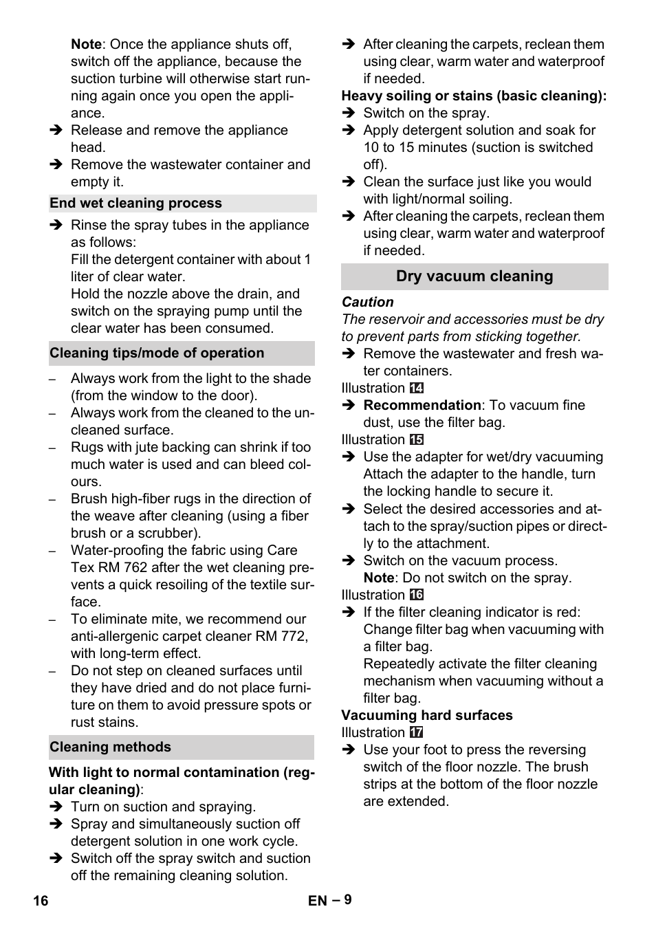 End wet cleaning process, Cleaning tips/mode of operation, Cleaning methods | Dry vacuum cleaning | Karcher Aspiratori SE 5-100 EU User Manual | Page 16 / 214