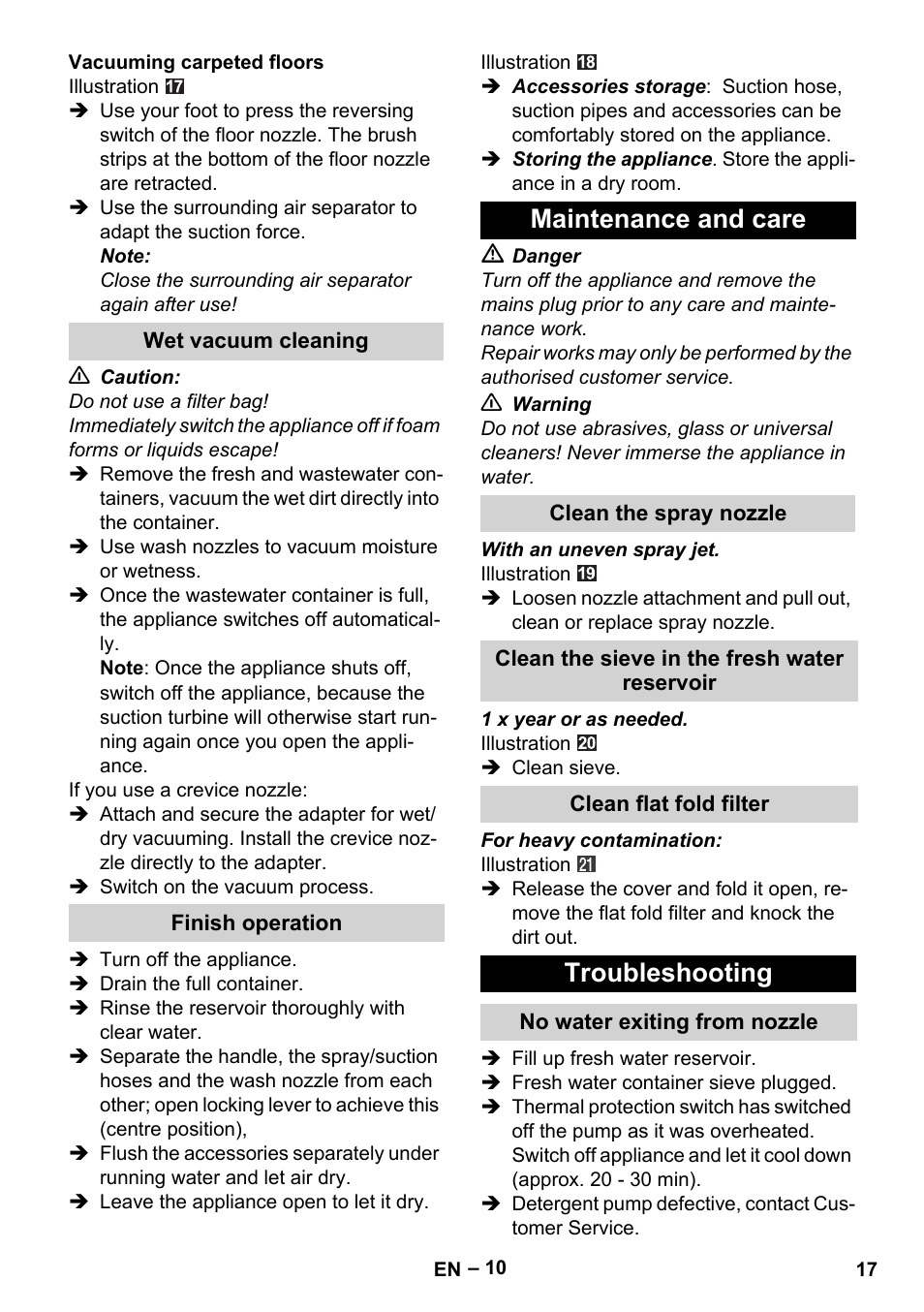Wet vacuum cleaning, Finish operation, Maintenance and care | Clean the spray nozzle, Clean the sieve in the fresh water reservoir, Clean flat fold filter, Troubleshooting, No water exiting from nozzle | Karcher Aspiratori SE 5-100 EU User Manual | Page 17 / 214