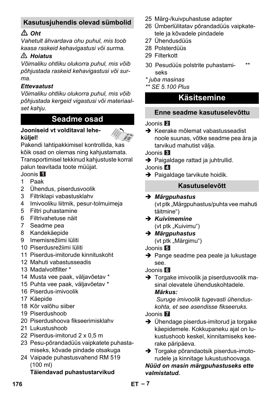 Kasutusjuhendis olevad sümbolid, Seadme osad, Käsitsemine | Enne seadme kasutuselevõttu, Kasutuselevõtt | Karcher Aspiratori SE 5-100 EU User Manual | Page 176 / 214