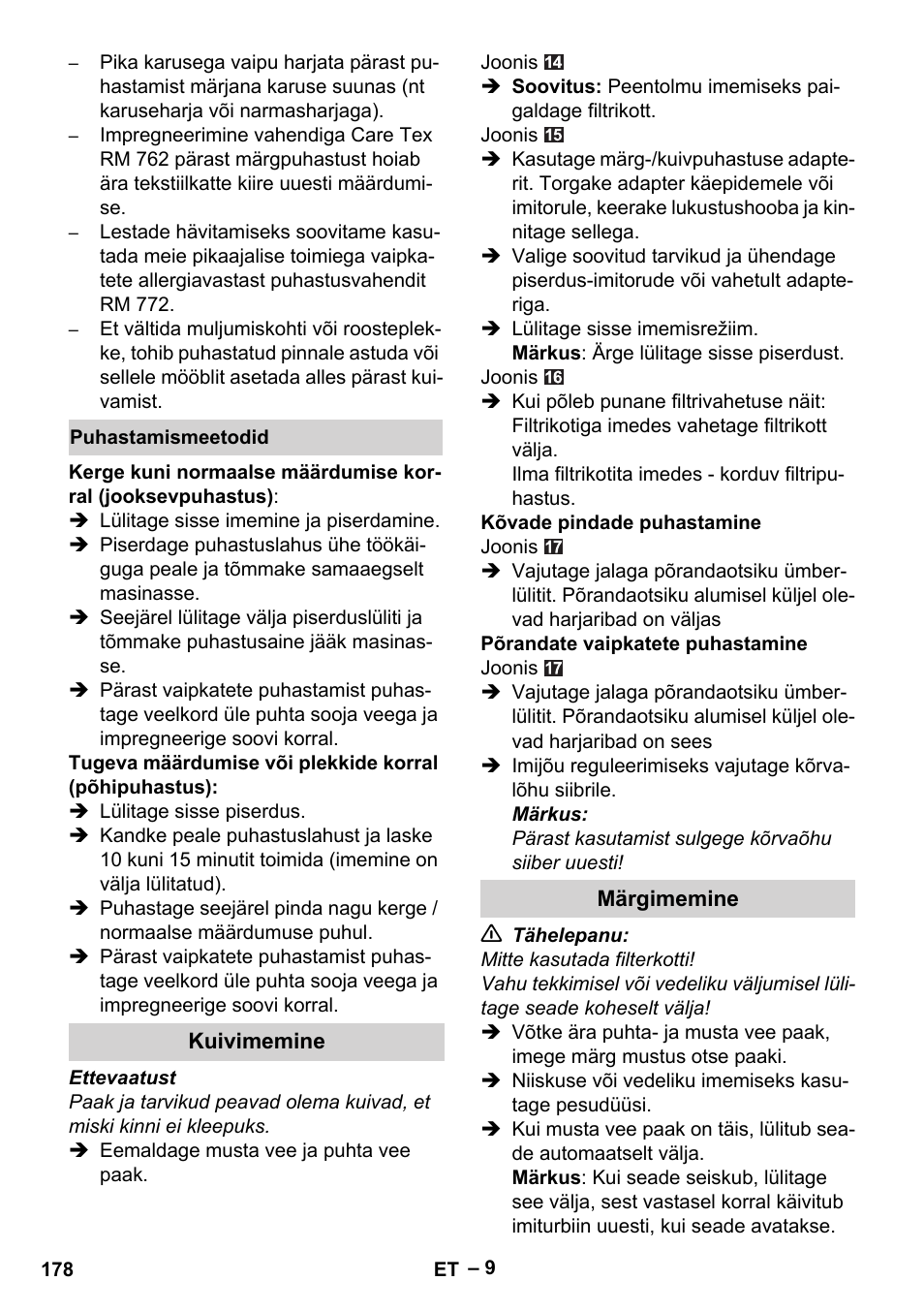 Puhastamismeetodid, Kuivimemine, Märgimemine | Karcher Aspiratori SE 5-100 EU User Manual | Page 178 / 214