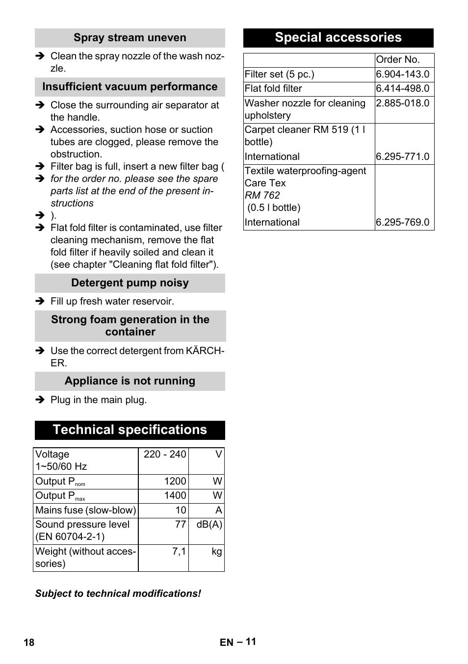 Spray stream uneven, Insufficient vacuum performance, Detergent pump noisy | Strong foam generation in the container, Appliance is not running, Technical specifications, Special accessories | Karcher Aspiratori SE 5-100 EU User Manual | Page 18 / 214