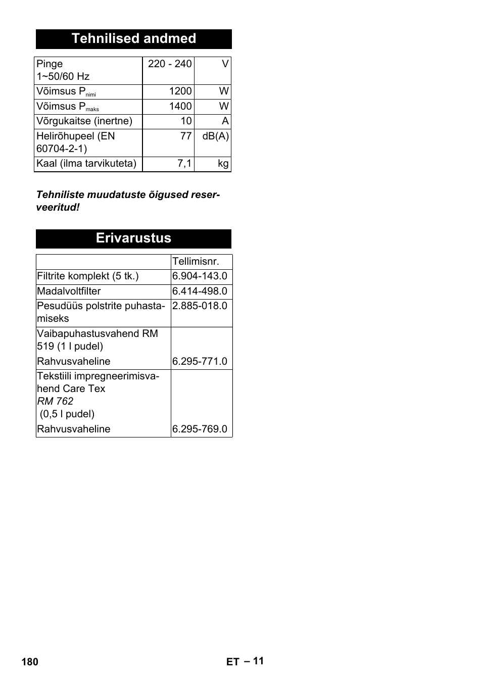 Tehnilised andmed, Erivarustus | Karcher Aspiratori SE 5-100 EU User Manual | Page 180 / 214