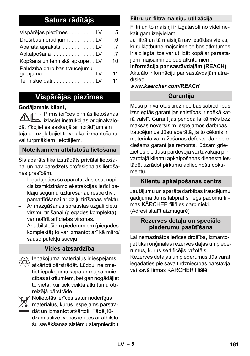 Latviešu, Satura rādītājs, Vispārējas piezīmes | Noteikumiem atbilstoša lietošana, Vides aizsardzība, Filtru un filtra maisiņu utilizācija, Garantija, Klientu apkalpošanas centrs, Rezerves detaļu un speciālo piederumu pasūtīšana | Karcher Aspiratori SE 5-100 EU User Manual | Page 181 / 214