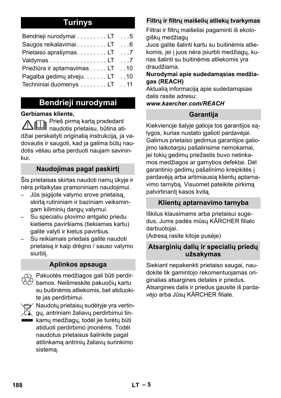 Lietuviškai, Turinys, Bendrieji nurodymai | Naudojimas pagal paskirtį, Aplinkos apsauga, Filtrų ir filtrų maišelių atliekų tvarkymas, Garantija, Klientų aptarnavimo tarnyba, Atsarginių dalių ir specialių priedų užsakymas | Karcher Aspiratori SE 5-100 EU User Manual | Page 188 / 214