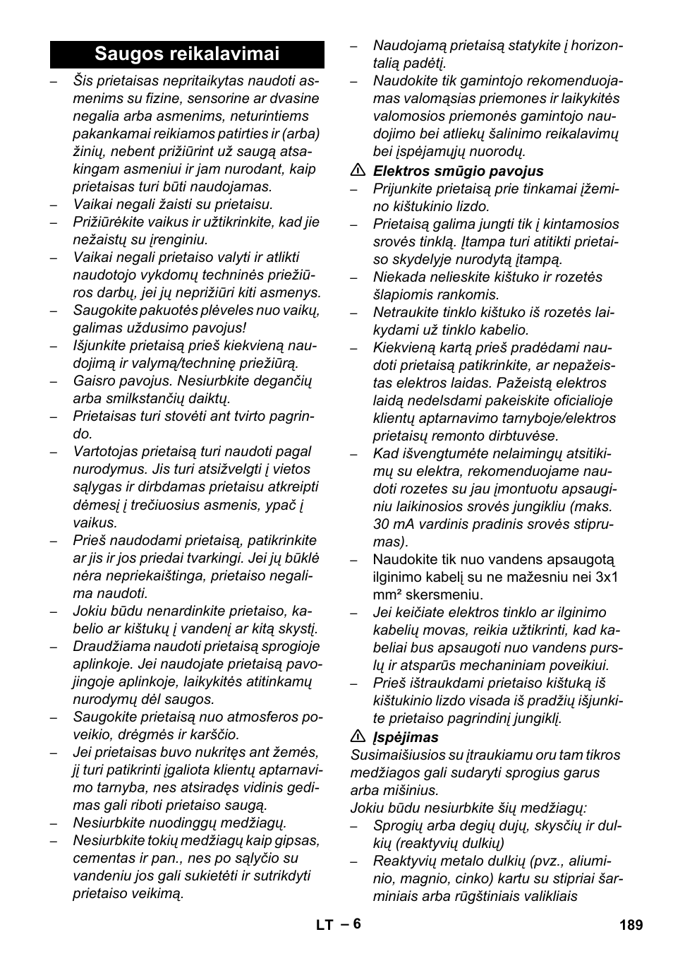 Saugos reikalavimai | Karcher Aspiratori SE 5-100 EU User Manual | Page 189 / 214