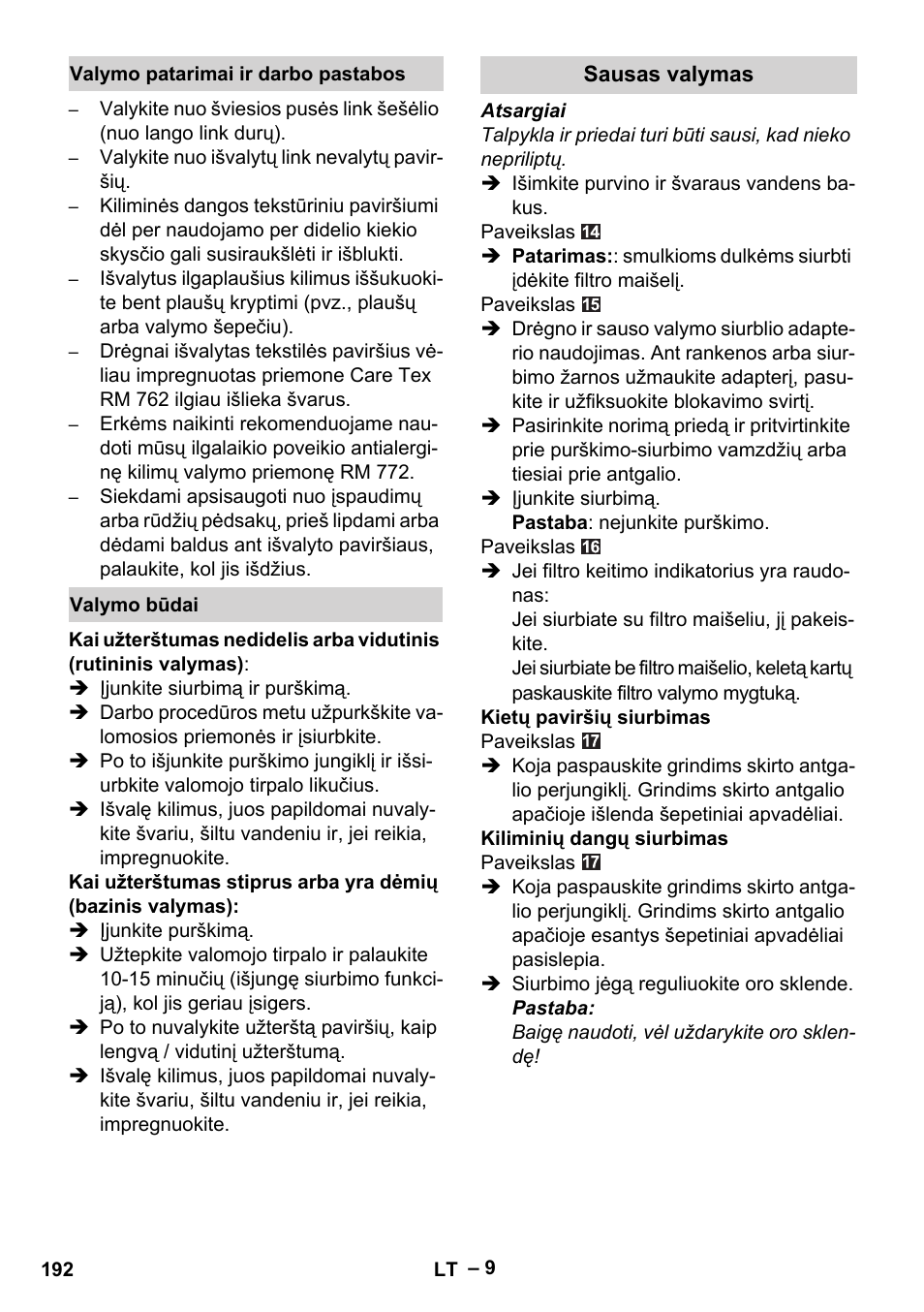 Valymo patarimai ir darbo pastabos, Valymo būdai, Sausas valymas | Karcher Aspiratori SE 5-100 EU User Manual | Page 192 / 214