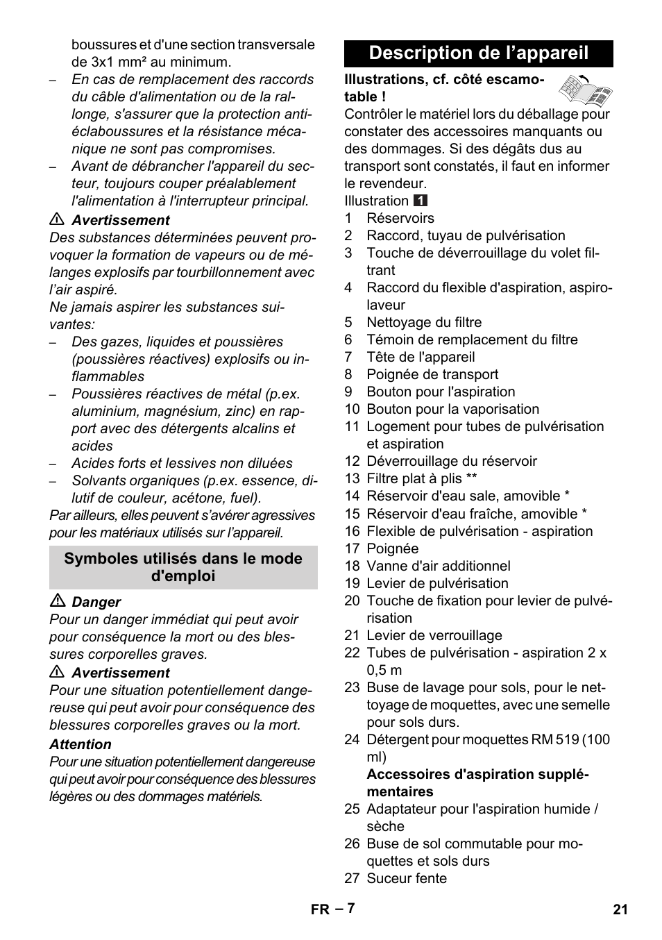 Symboles utilisés dans le mode d'emploi, Description de l’appareil | Karcher Aspiratori SE 5-100 EU User Manual | Page 21 / 214