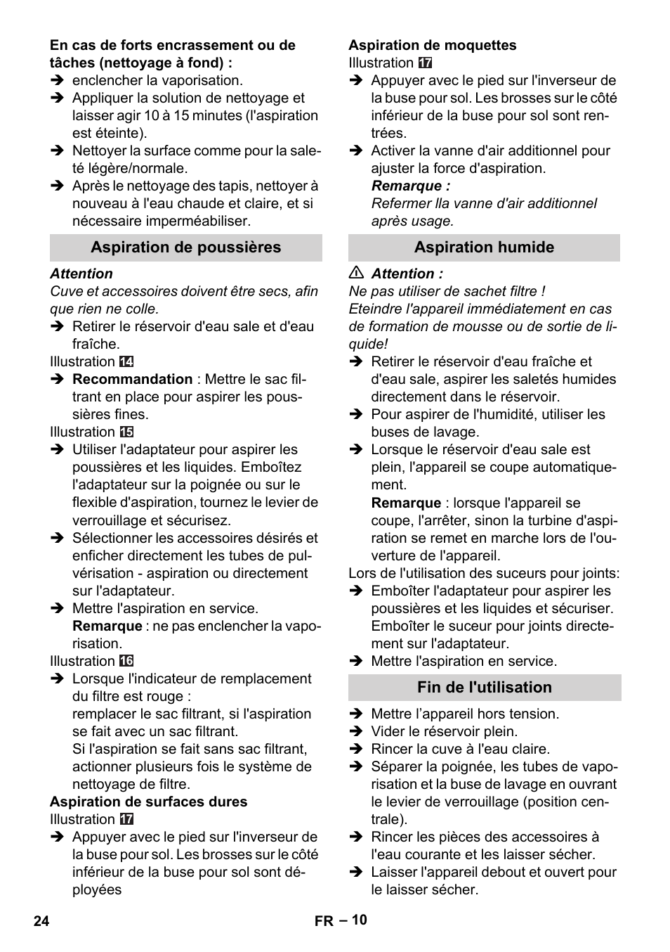 Aspiration de poussières, Aspiration humide, Fin de l'utilisation | Karcher Aspiratori SE 5-100 EU User Manual | Page 24 / 214