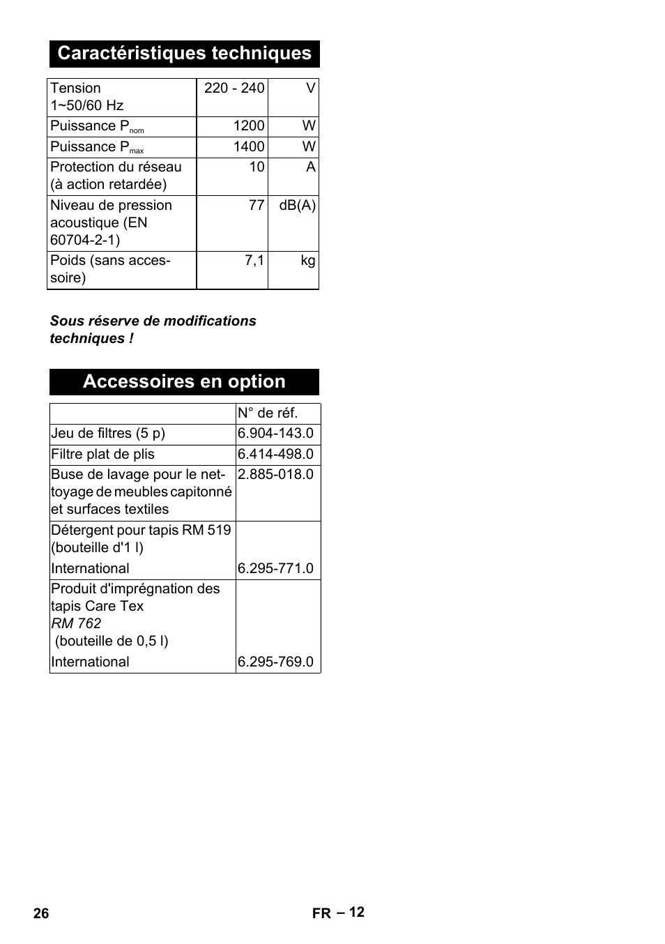 Caractéristiques techniques, Accessoires en option | Karcher Aspiratori SE 5-100 EU User Manual | Page 26 / 214