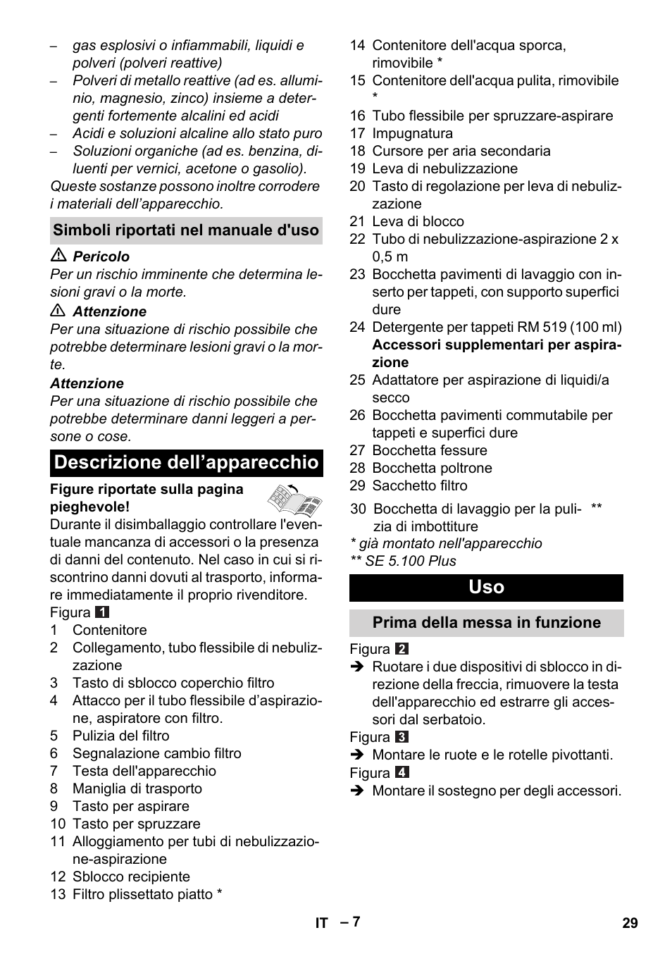 Simboli riportati nel manuale d'uso, Descrizione dell’apparecchio, Prima della messa in funzione | Karcher Aspiratori SE 5-100 EU User Manual | Page 29 / 214