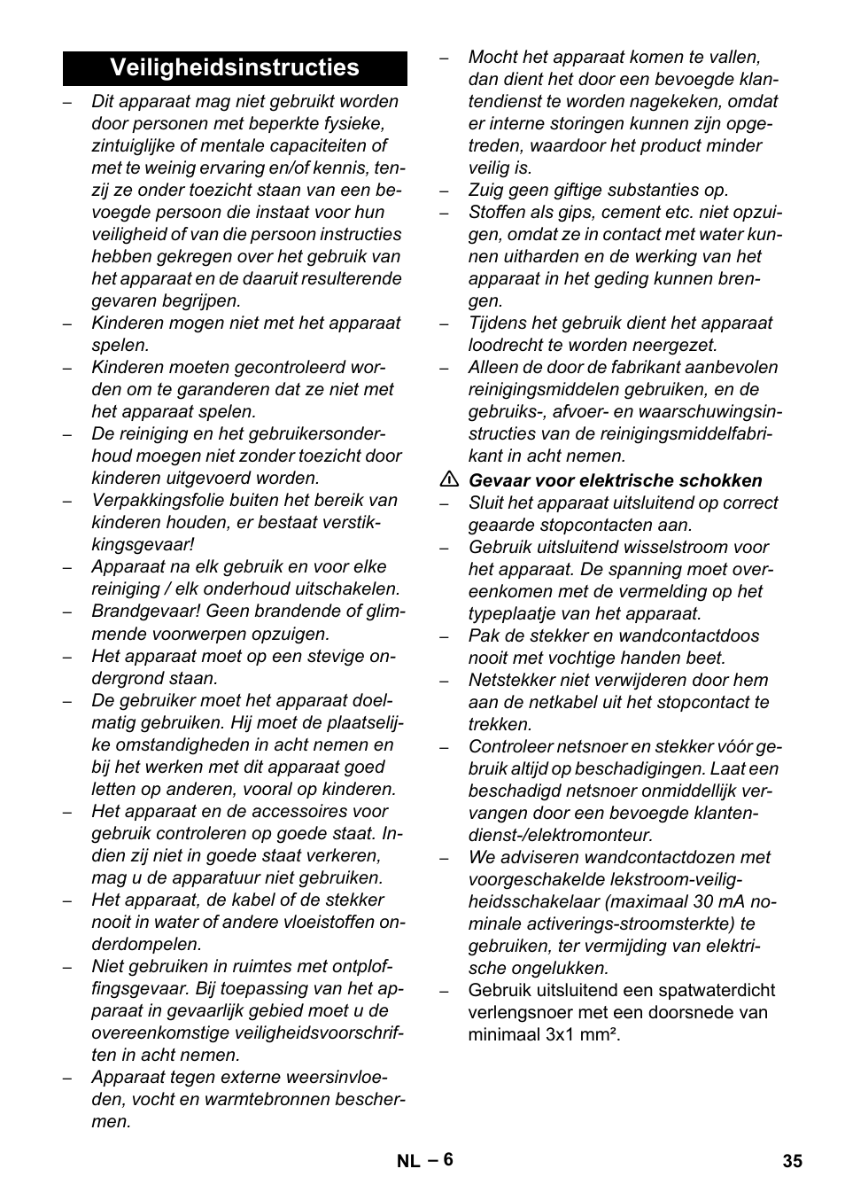 Veiligheidsinstructies | Karcher Aspiratori SE 5-100 EU User Manual | Page 35 / 214