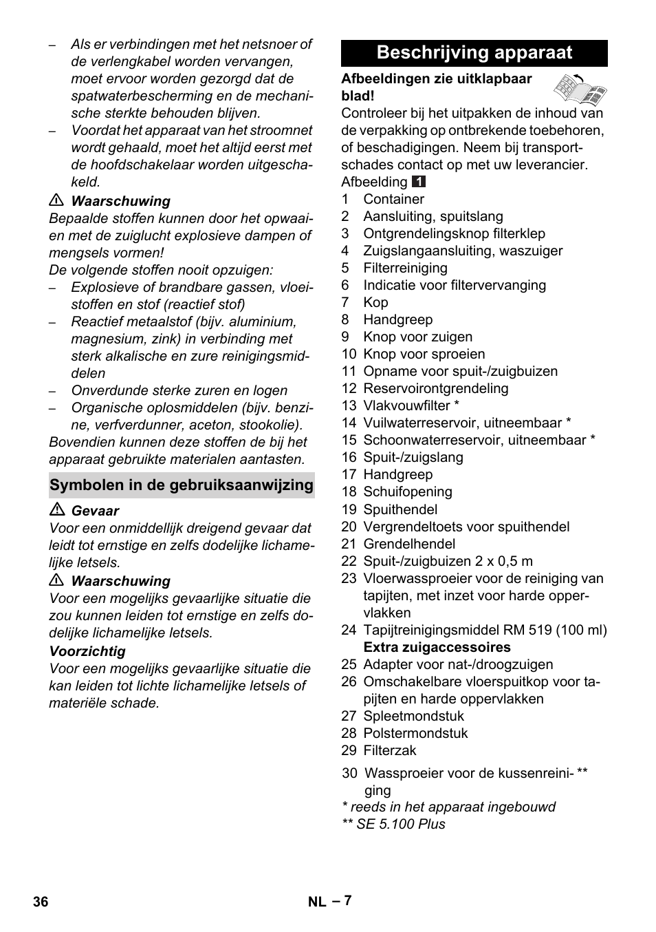 Symbolen in de gebruiksaanwijzing, Beschrijving apparaat | Karcher Aspiratori SE 5-100 EU User Manual | Page 36 / 214