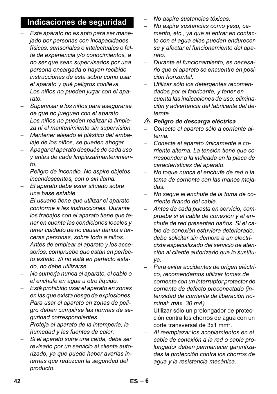 Indicaciones de seguridad | Karcher Aspiratori SE 5-100 EU User Manual | Page 42 / 214