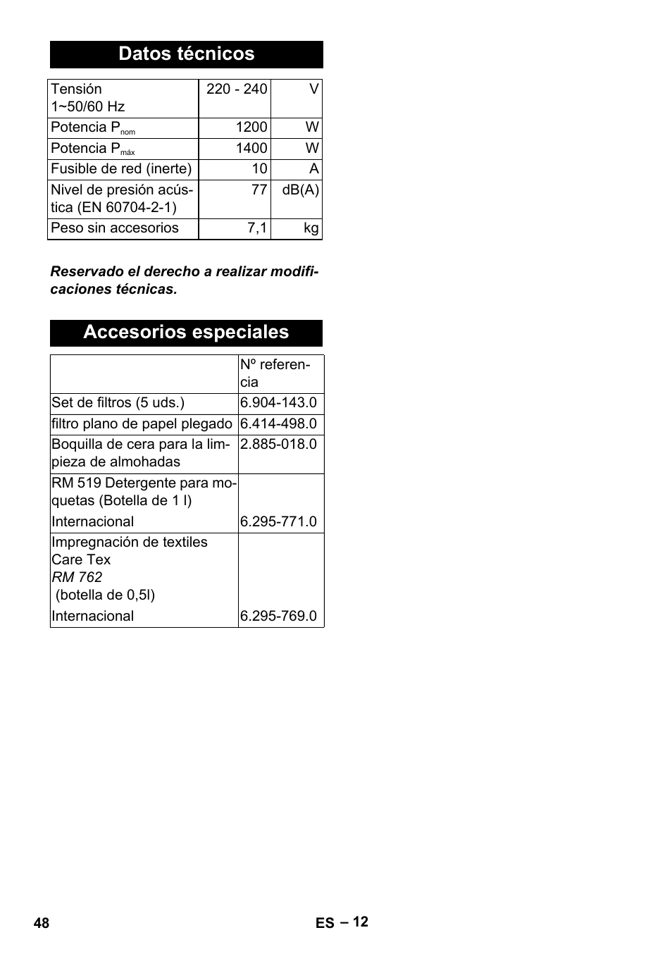 Datos técnicos, Accesorios especiales | Karcher Aspiratori SE 5-100 EU User Manual | Page 48 / 214