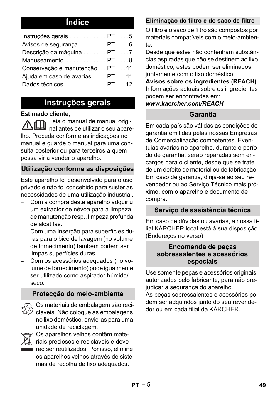 Português, Índice, Instruções gerais | Utilização conforme as disposições, Protecção do meio-ambiente, Eliminação do filtro e do saco de filtro, Garantia, Serviço de assistência técnica | Karcher Aspiratori SE 5-100 EU User Manual | Page 49 / 214