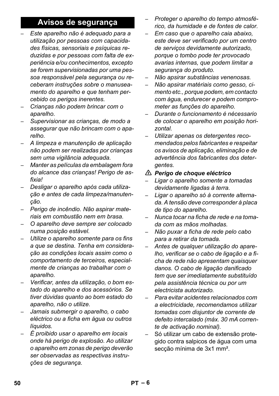 Avisos de segurança | Karcher Aspiratori SE 5-100 EU User Manual | Page 50 / 214