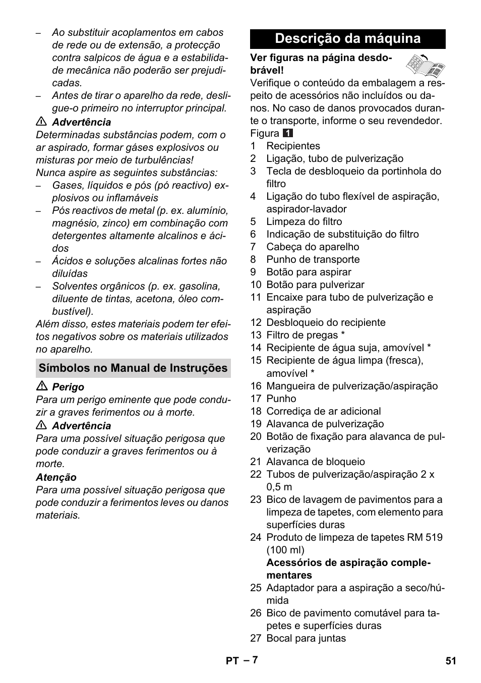 Símbolos no manual de instruções, Descrição da máquina | Karcher Aspiratori SE 5-100 EU User Manual | Page 51 / 214