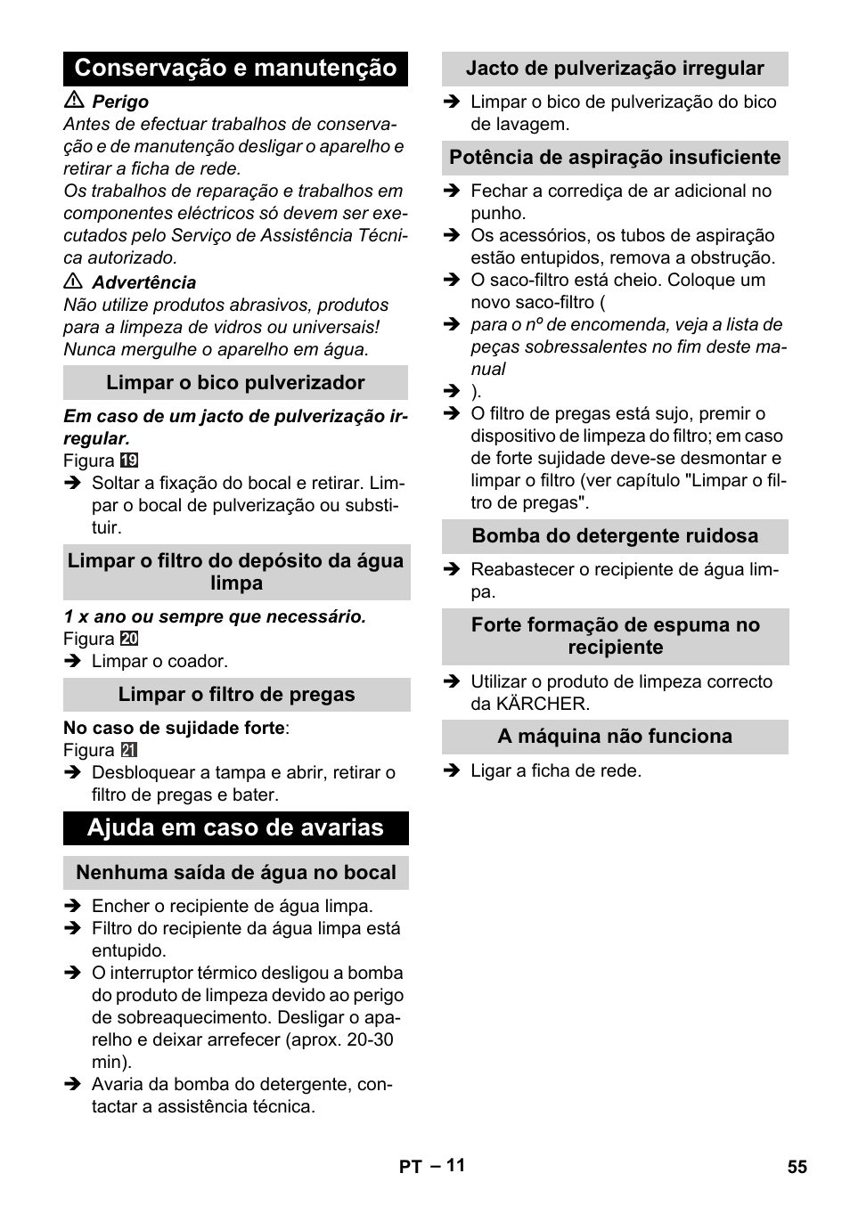 Conservação e manutenção, Limpar o bico pulverizador, Limpar o filtro do depósito da água limpa | Limpar o filtro de pregas, Ajuda em caso de avarias, Nenhuma saída de água no bocal, Jacto de pulverização irregular, Potência de aspiração insuficiente, Bomba do detergente ruidosa, Forte formação de espuma no recipiente | Karcher Aspiratori SE 5-100 EU User Manual | Page 55 / 214