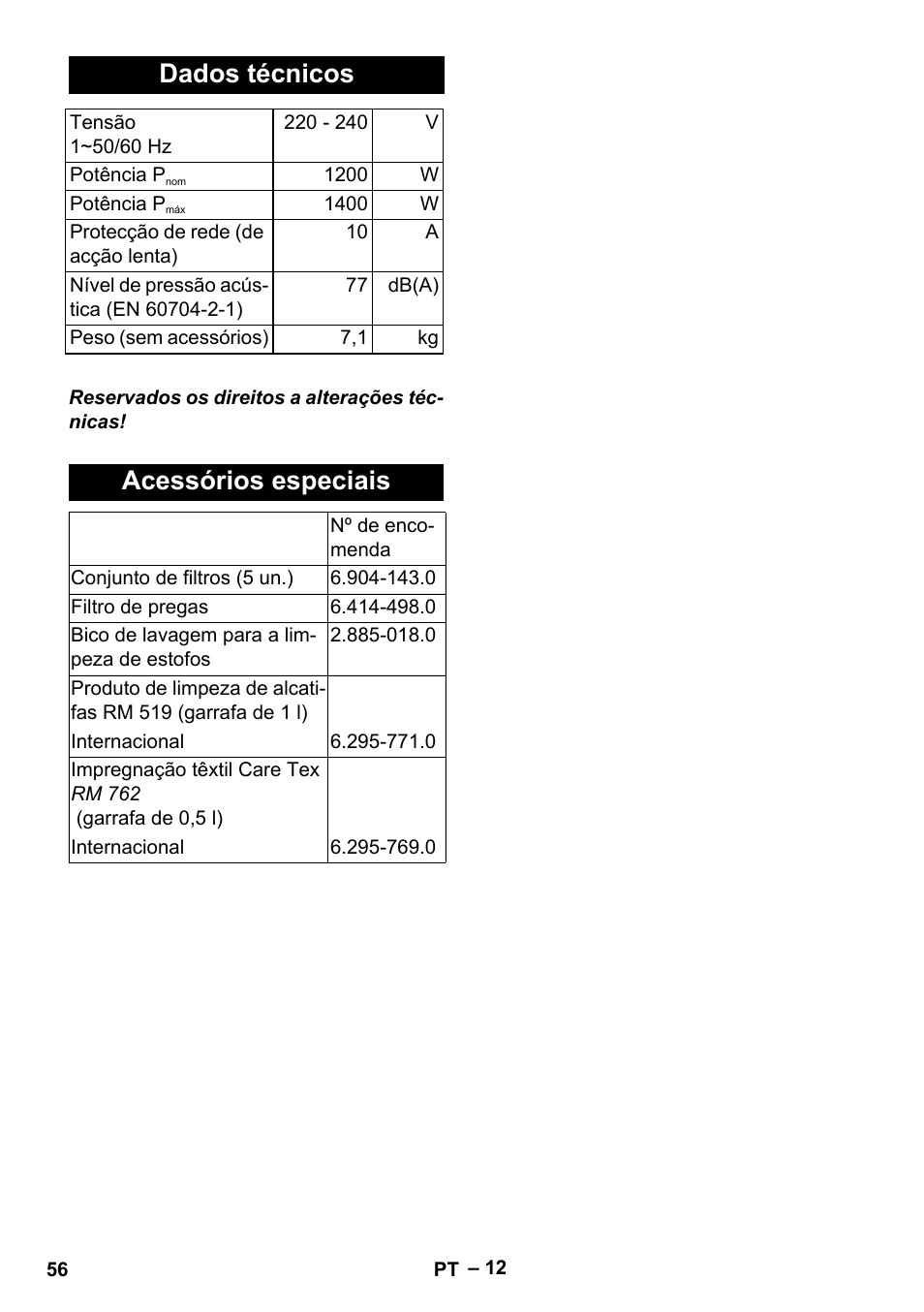 Dados técnicos, Acessórios especiais | Karcher Aspiratori SE 5-100 EU User Manual | Page 56 / 214