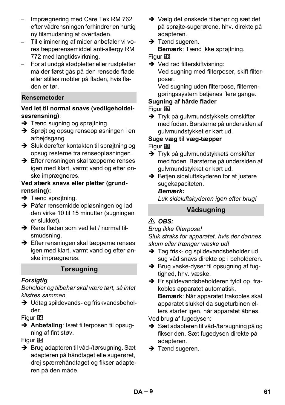 Rensemetoder, Tørsugning, Vådsugning | Karcher Aspiratori SE 5-100 EU User Manual | Page 61 / 214