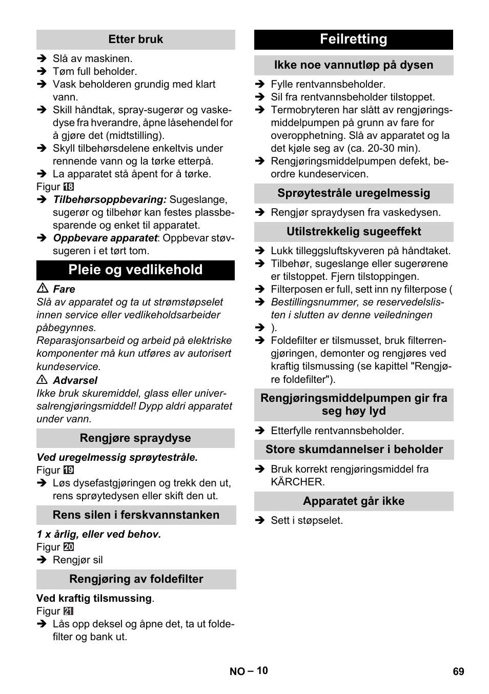 Etter bruk, Pleie og vedlikehold, Rengjøre spraydyse | Rens silen i ferskvannstanken, Rengjøring av foldefilter, Feilretting, Ikke noe vannutløp på dysen, Sprøytestråle uregelmessig, Utilstrekkelig sugeeffekt, Rengjøringsmiddelpumpen gir fra seg høy lyd | Karcher Aspiratori SE 5-100 EU User Manual | Page 69 / 214