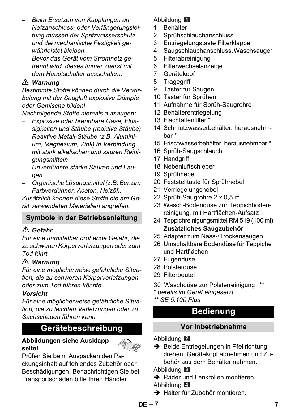 Symbole in der betriebsanleitung, Gerätebeschreibung, Bedienung | Vor inbetriebnahme | Karcher Aspiratori SE 5-100 EU User Manual | Page 7 / 214