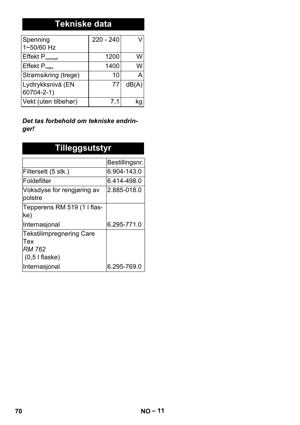 Tekniske data, Tilleggsutstyr | Karcher Aspiratori SE 5-100 EU User Manual | Page 70 / 214