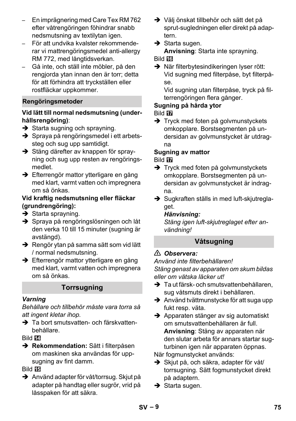 Rengöringsmetoder, Torrsugning, Våtsugning | Karcher Aspiratori SE 5-100 EU User Manual | Page 75 / 214