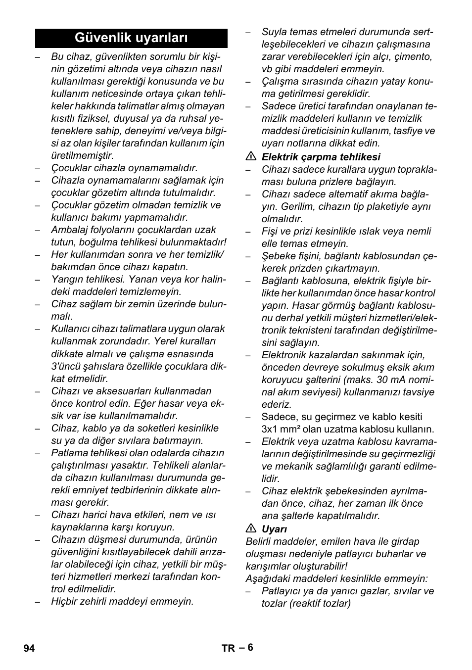 Güvenlik uyarıları | Karcher Aspiratori SE 5-100 EU User Manual | Page 94 / 214