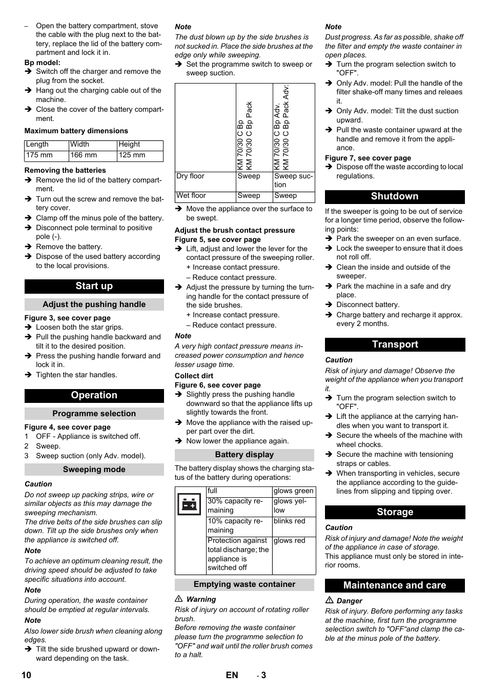 Start up, Operation, Shutdown transport storage maintenance and care | Karcher KM 70-30 C Bp Pack Adv User Manual | Page 10 / 144