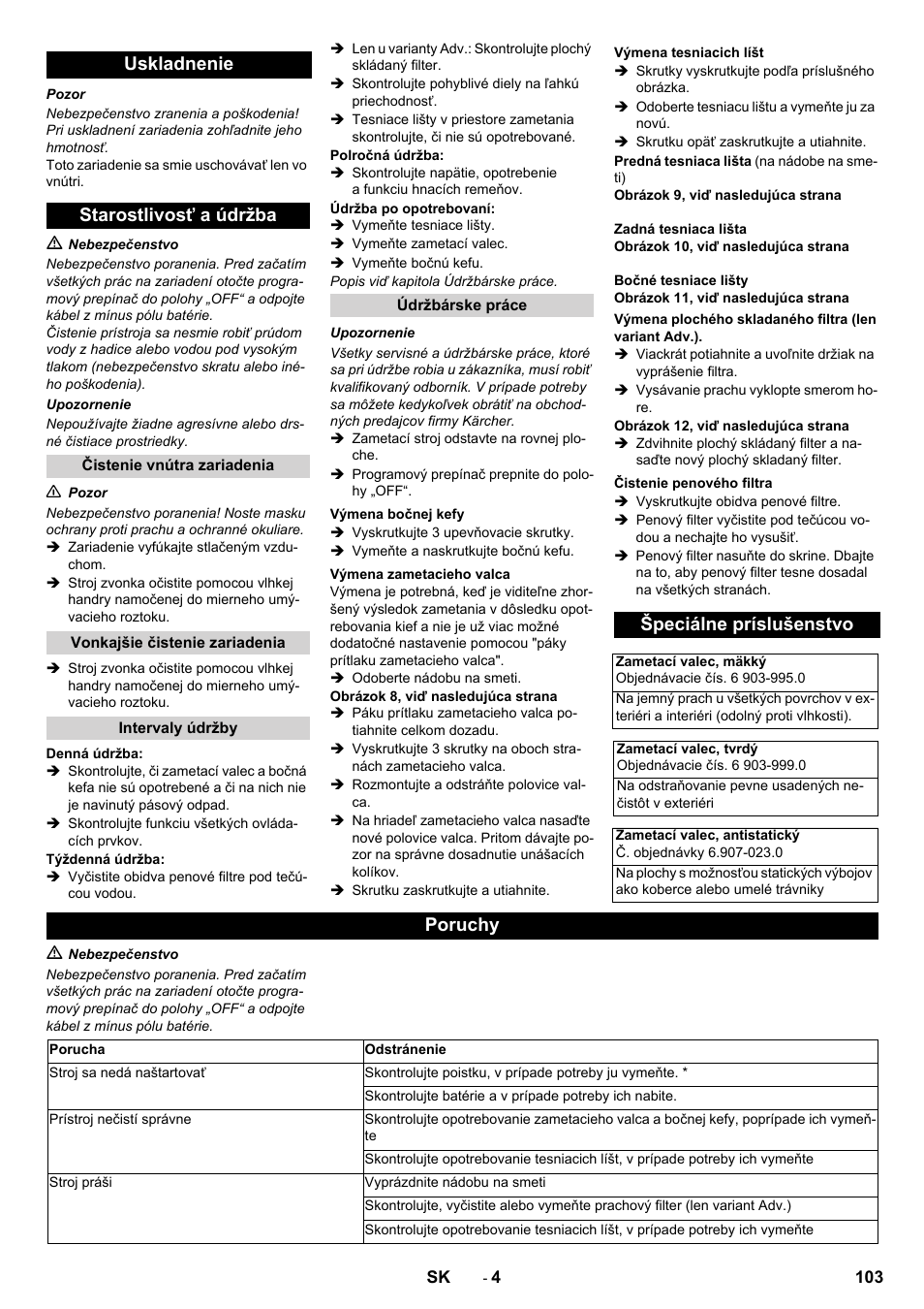 Uskladnenie starostlivosť a údržba, Špeciálne príslušenstvo, Poruchy | Karcher KM 70-30 C Bp Pack Adv User Manual | Page 103 / 144