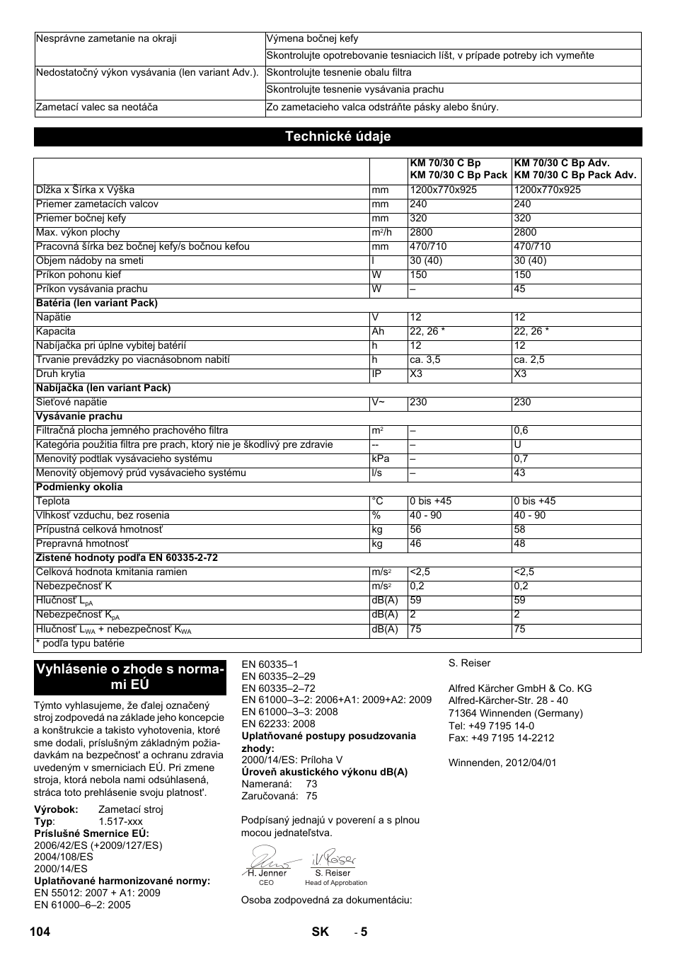 Technické údaje, Vyhlásenie o zhode s norma- mi eú | Karcher KM 70-30 C Bp Pack Adv User Manual | Page 104 / 144