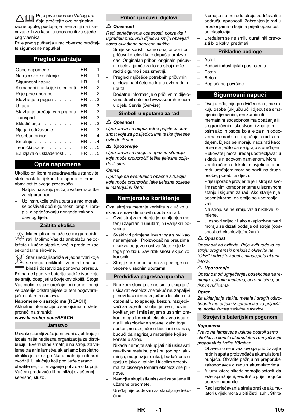 Hrvatski, Pregled sadržaja, Opće napomene | Namjensko korištenje, Sigurnosni napuci | Karcher KM 70-30 C Bp Pack Adv User Manual | Page 105 / 144