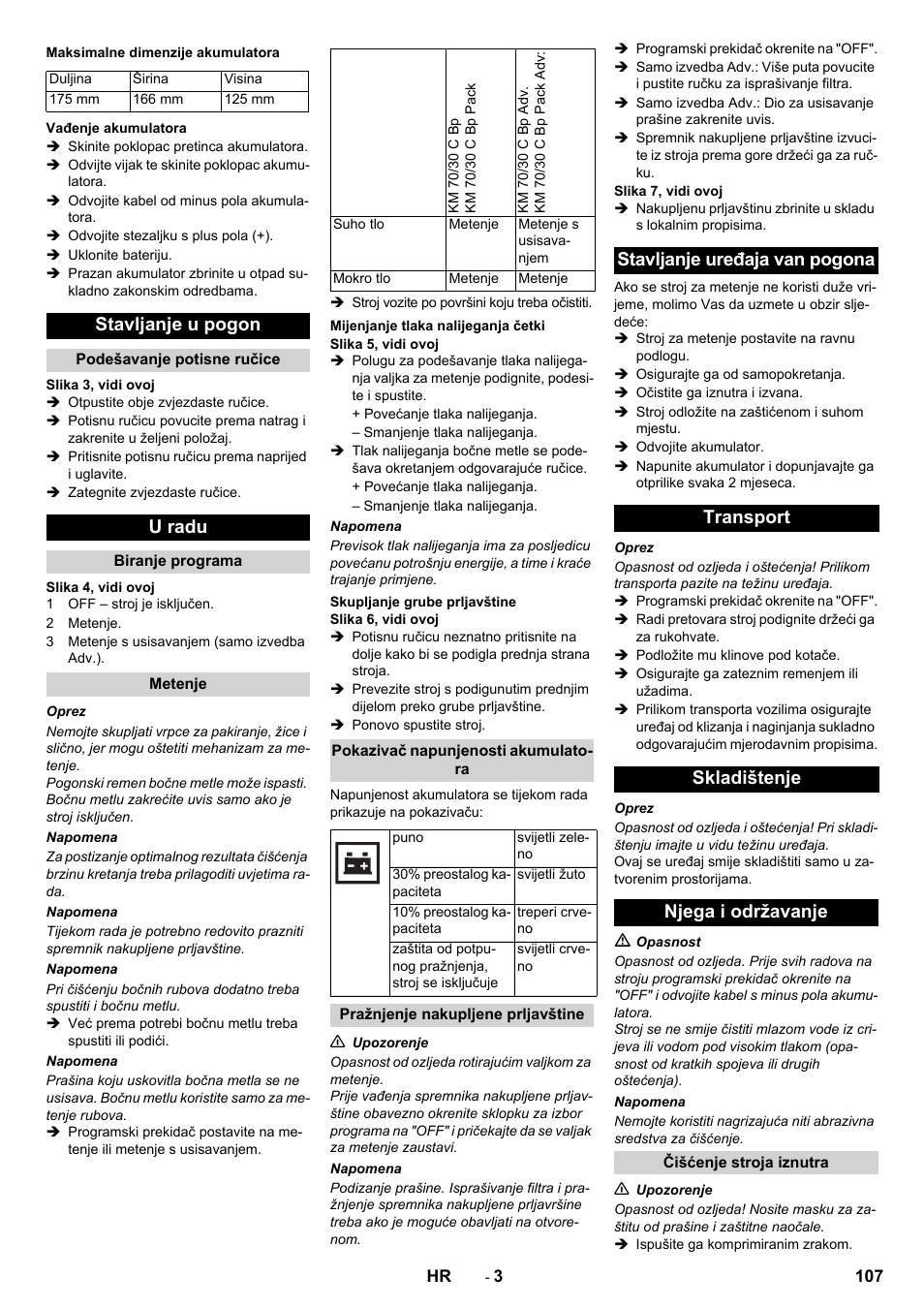 Stavljanje u pogon, U radu | Karcher KM 70-30 C Bp Pack Adv User Manual | Page 107 / 144