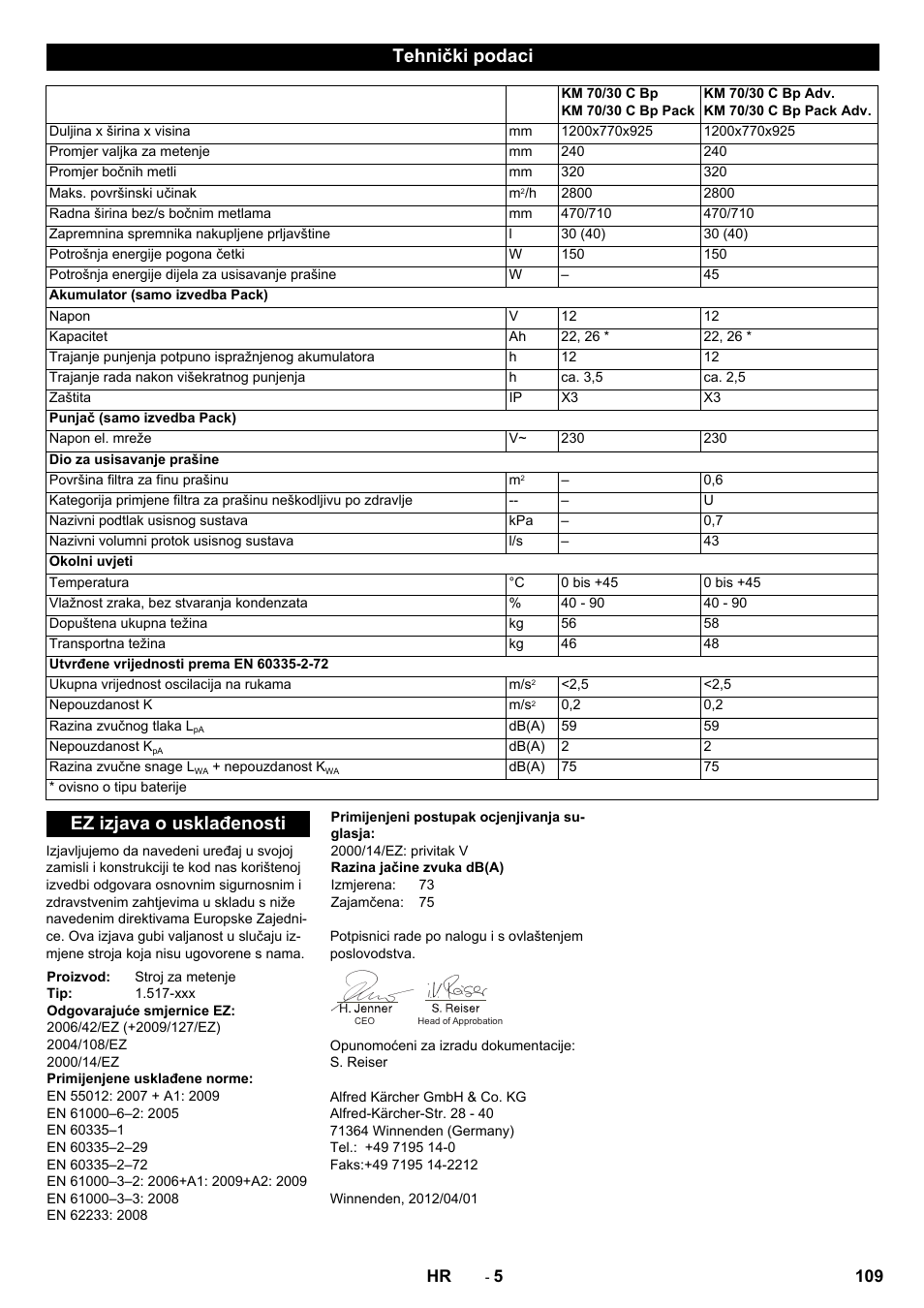 Tehnički podaci, Ez izjava o usklađenosti | Karcher KM 70-30 C Bp Pack Adv User Manual | Page 109 / 144