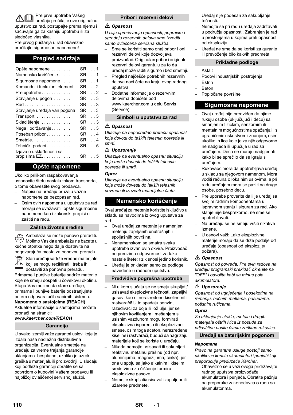 Srpski, Pregled sadržaja, Opšte napomene | Namensko korišćenje, Sigurnosne napomene | Karcher KM 70-30 C Bp Pack Adv User Manual | Page 110 / 144