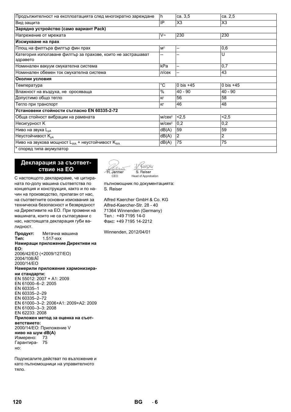 Декларация за съответ- ствие на ео | Karcher KM 70-30 C Bp Pack Adv User Manual | Page 120 / 144
