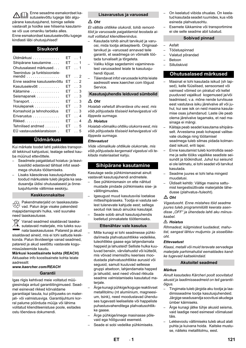 Eesti, Sisukord, Üldmärkusi | Sihipärane kasutamine, Ohutusalased märkused | Karcher KM 70-30 C Bp Pack Adv User Manual | Page 121 / 144