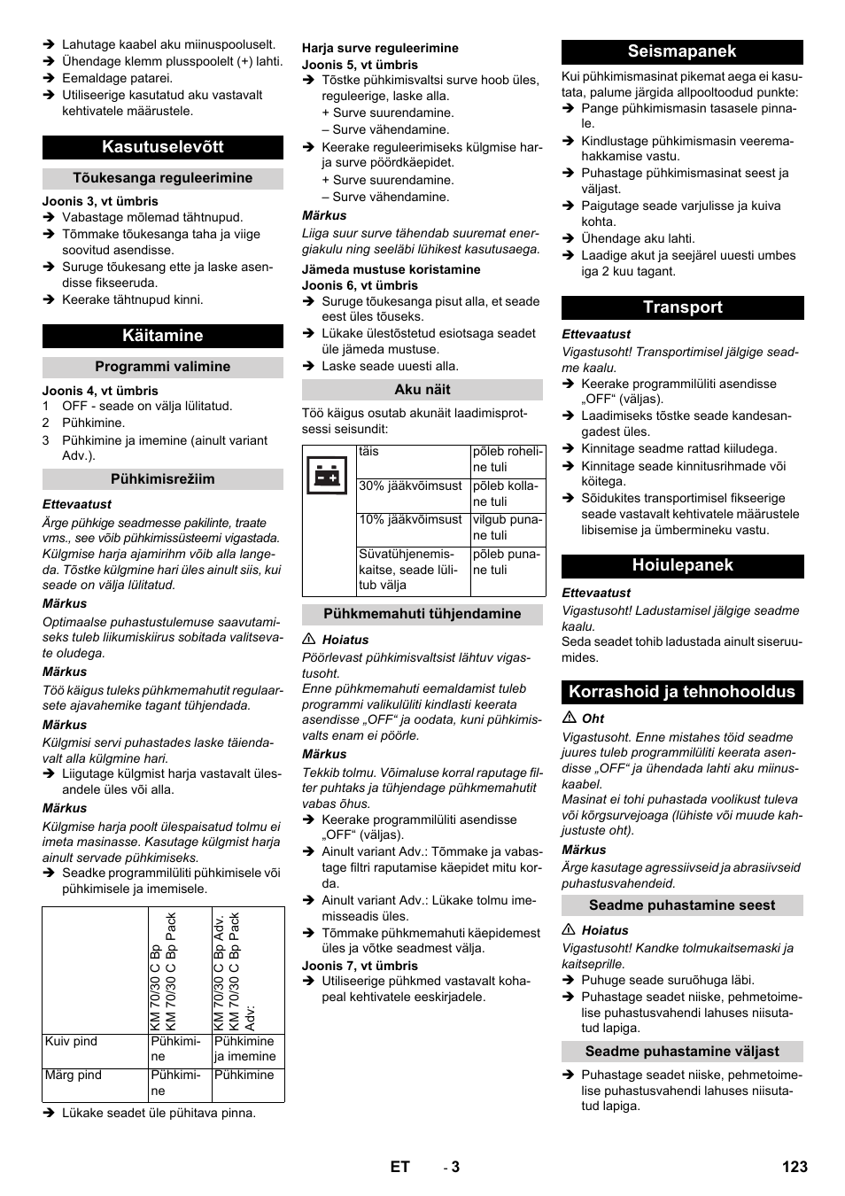 Kasutuselevõtt, Käitamine | Karcher KM 70-30 C Bp Pack Adv User Manual | Page 123 / 144