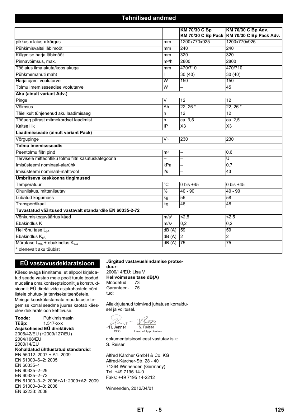 Tehnilised andmed, Eü vastavusdeklaratsioon | Karcher KM 70-30 C Bp Pack Adv User Manual | Page 125 / 144